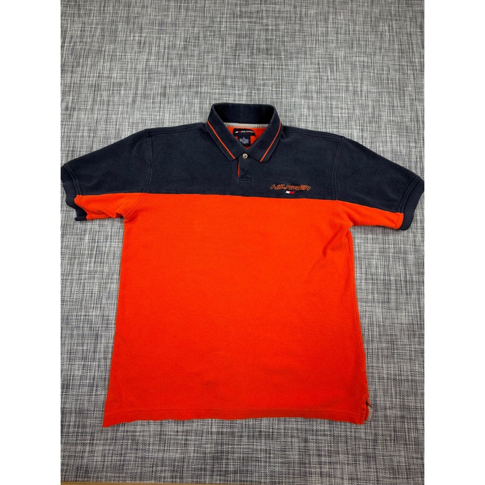 Tommy Hilfiger Mens Polo Shirt L Athletics Orange Navy Colorblock Cotton Vintage